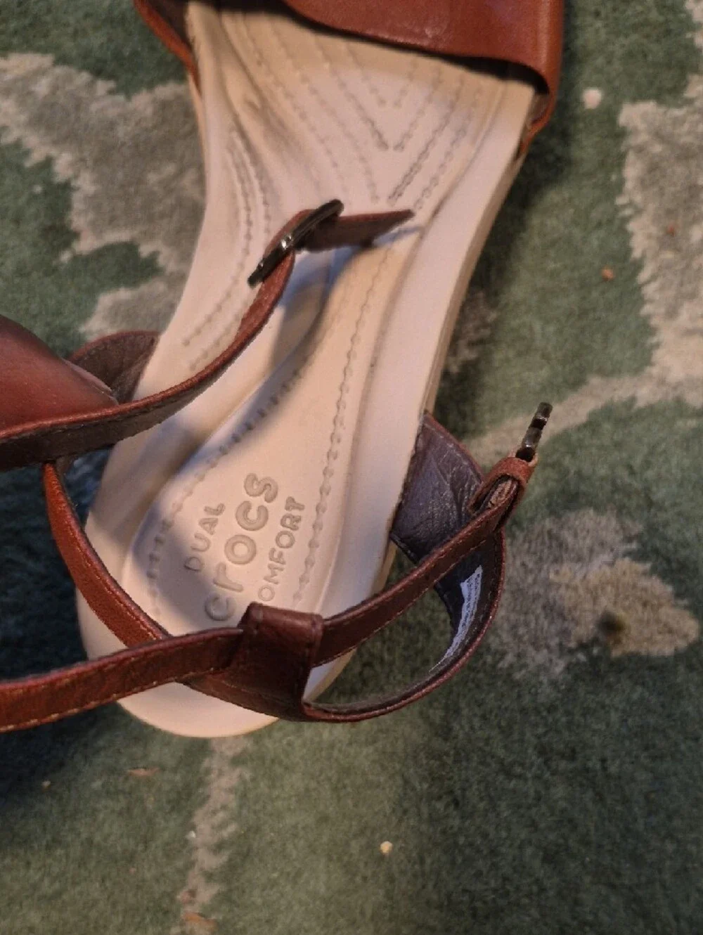 CROCS Brown Leather T-Strap Sandals with Cream Footbed